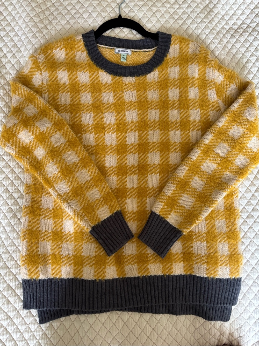 Susina Mustard and Cream Checked Crewneck Sweater with Navy Trim